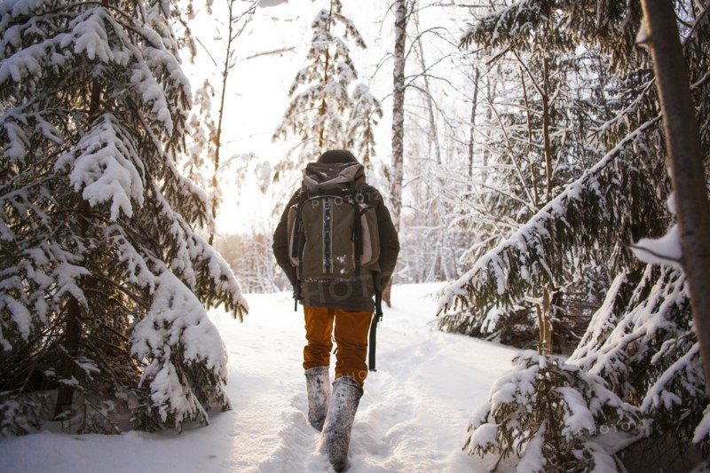 Mixed race man walking in snowy forest