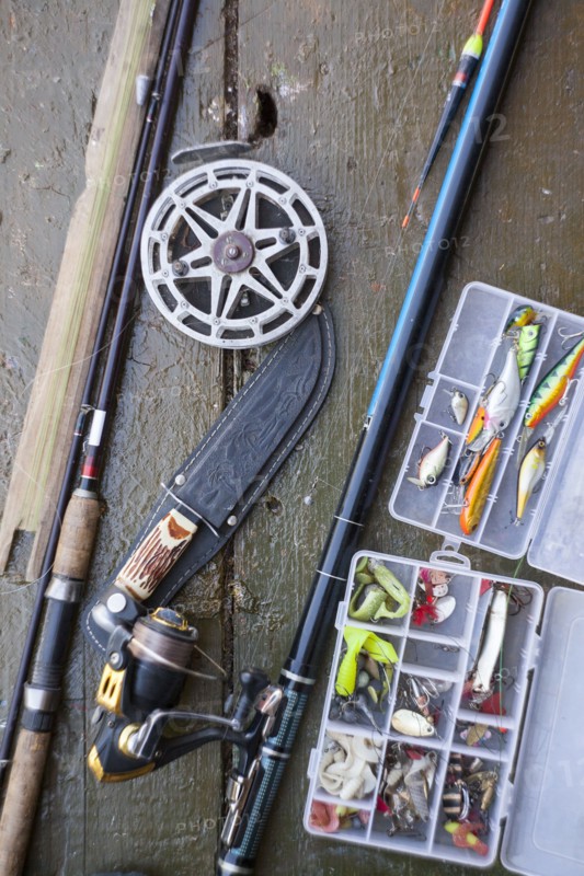 Fishing gear on table