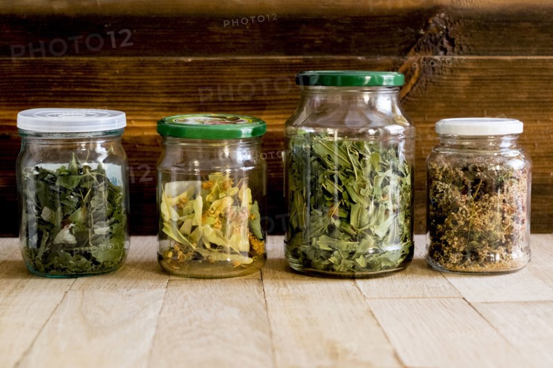 Row of jars of tea leaves