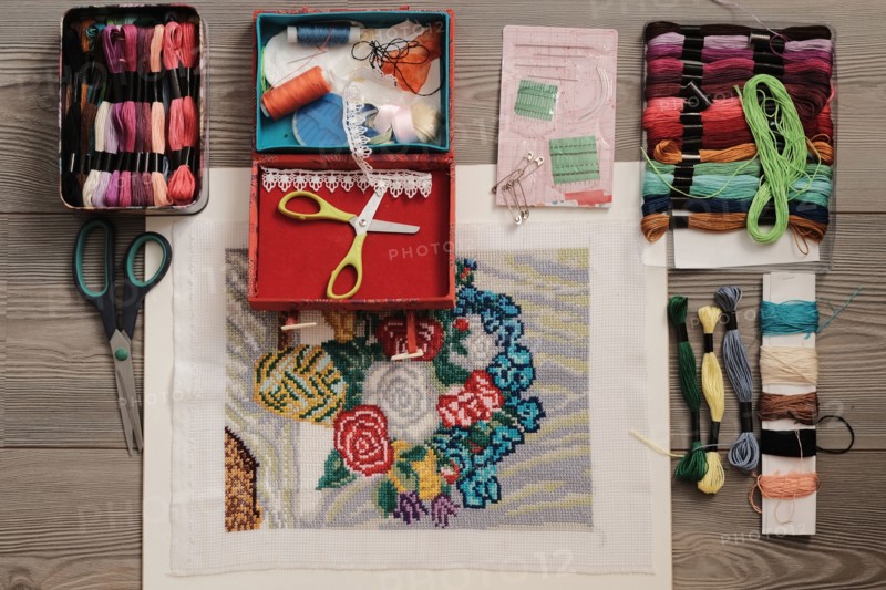 Embroidery supplies on table
