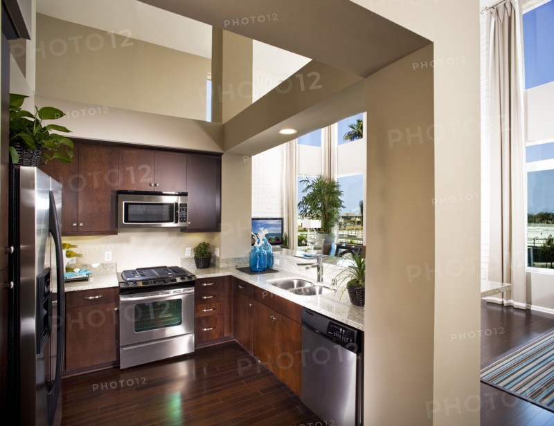 Kitchen with wooden cabinets in modern house