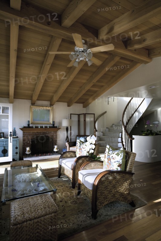 Wooden ceiling in traditional living room