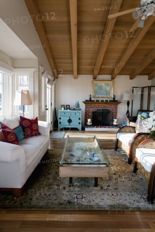 Interior of a traditional living room with wooden ceiling