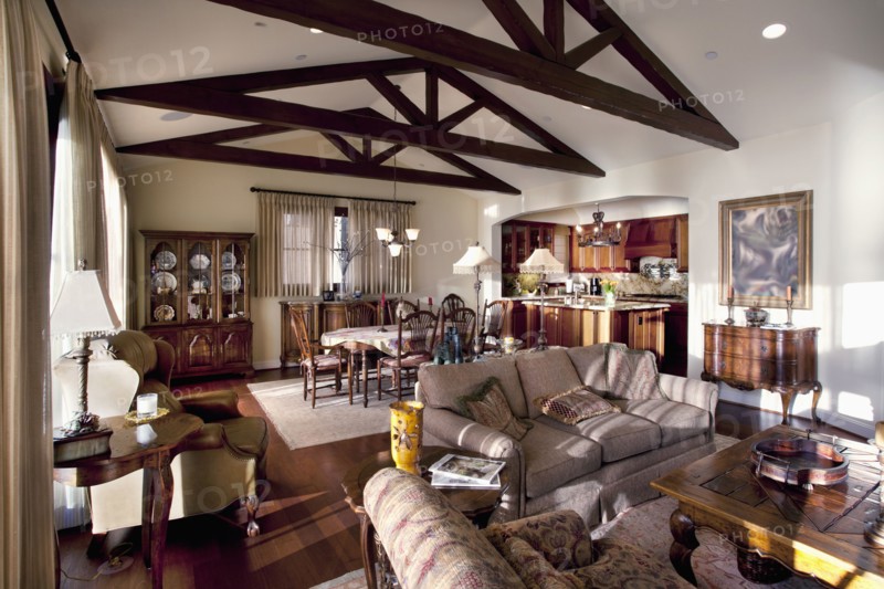 Wooden ceiling beams in great room