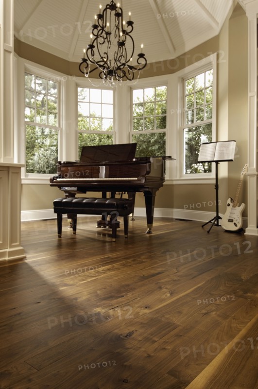 Grand piano in room with many windows
