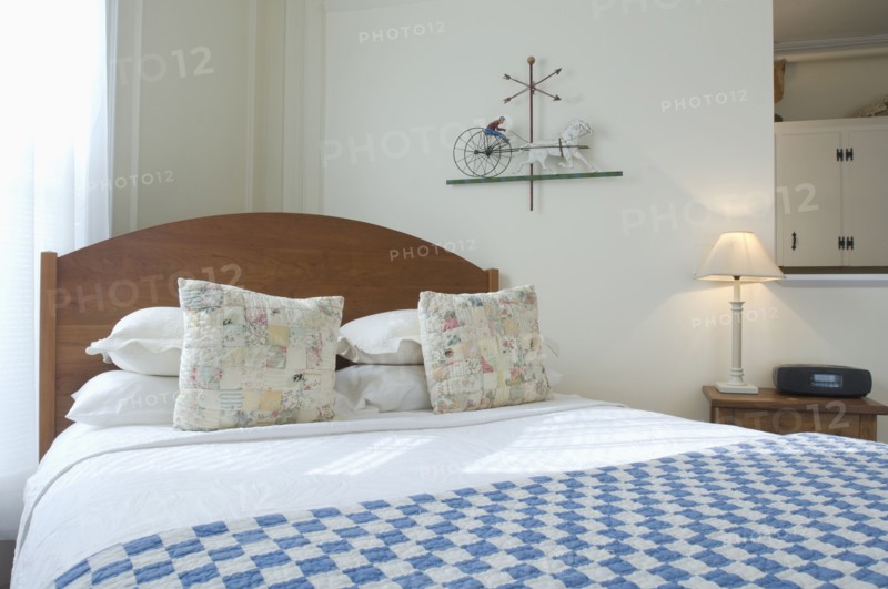 Blue and white checked blanket on bed