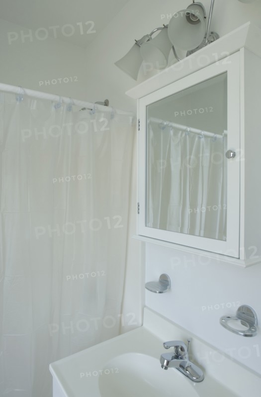 White sink medicine cabinet and shower curtain