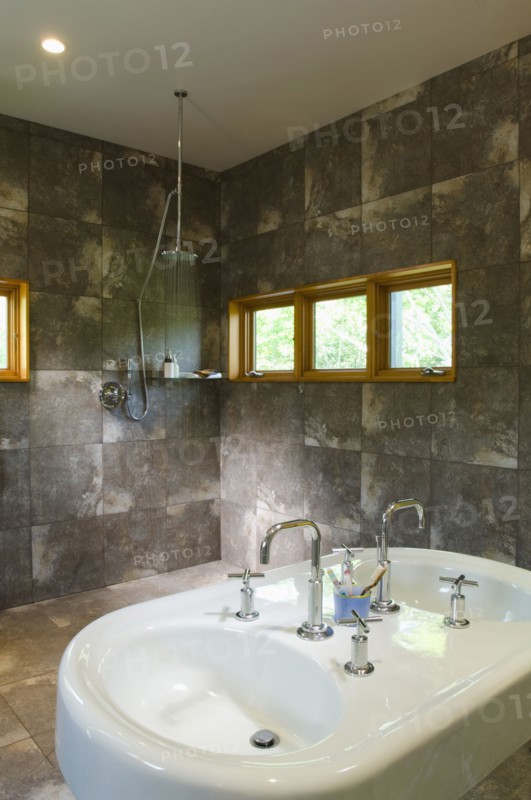 Modern double bathroom sink in spacious bathroom