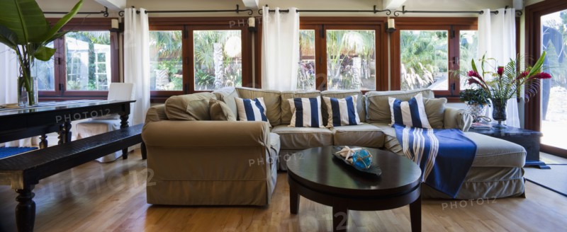 Sectional sofa with throw pillows in living room