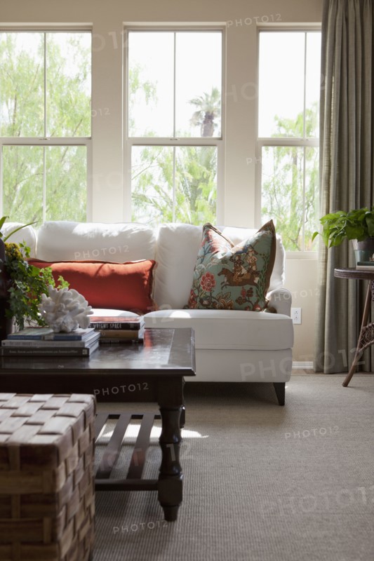 Couch with coffee table against window in the living room at home