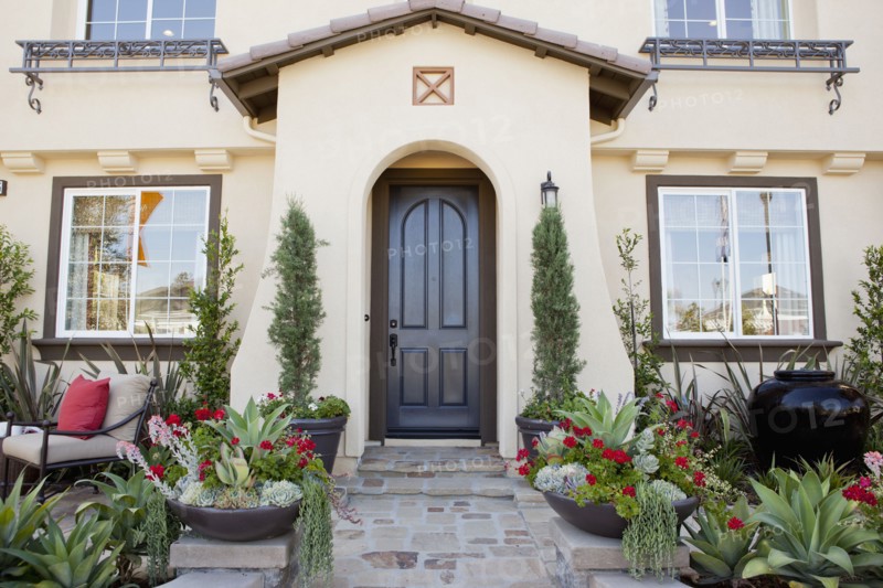 Walkway along plants leading to an arched entrance with closed brown door