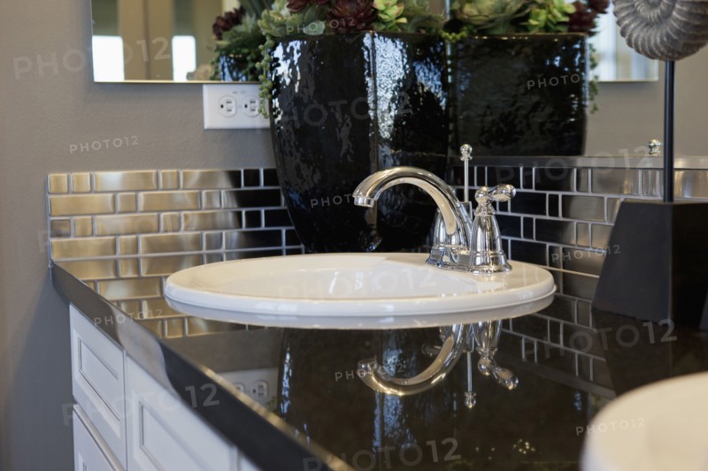 Bathroom sink with metallic backsplash