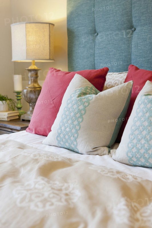 Patterned pillows arranged on bed in bedroom