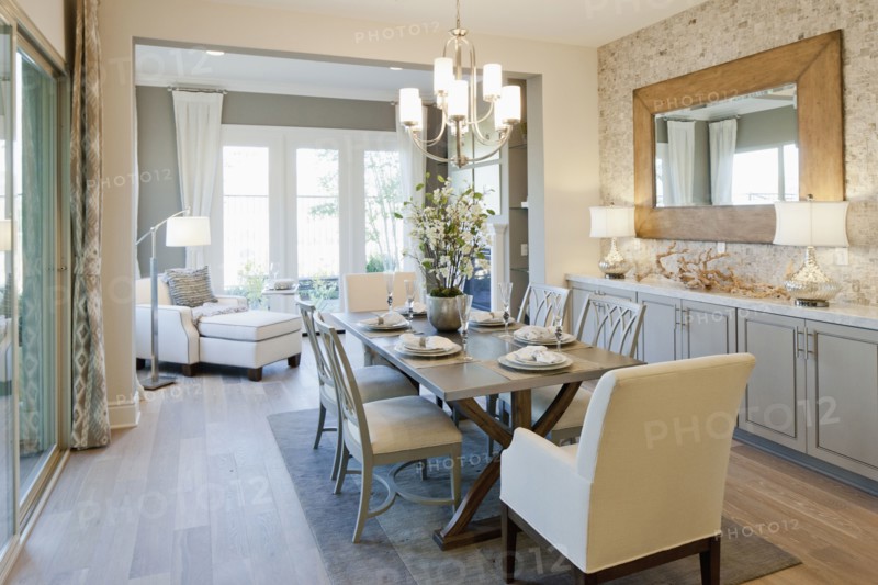 Open plan of dining area and seating area