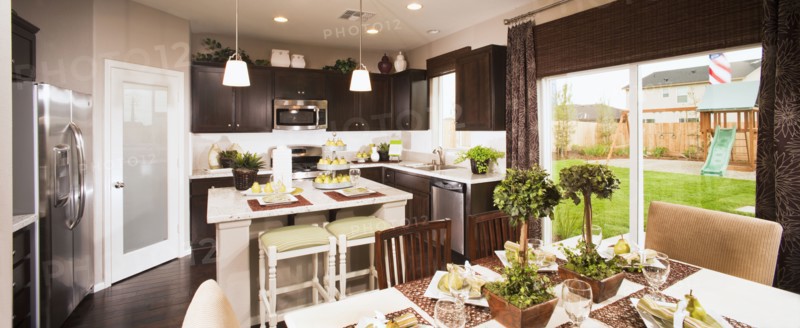 Kitchen and dining area in traditional home
