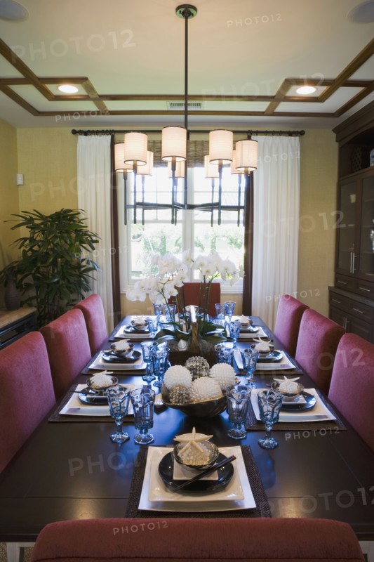 View down contemporary dining table with place settings