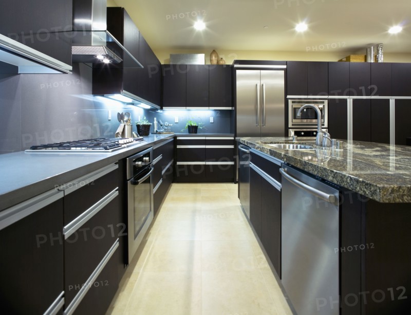 Contemporary kitchen with dark cabinets