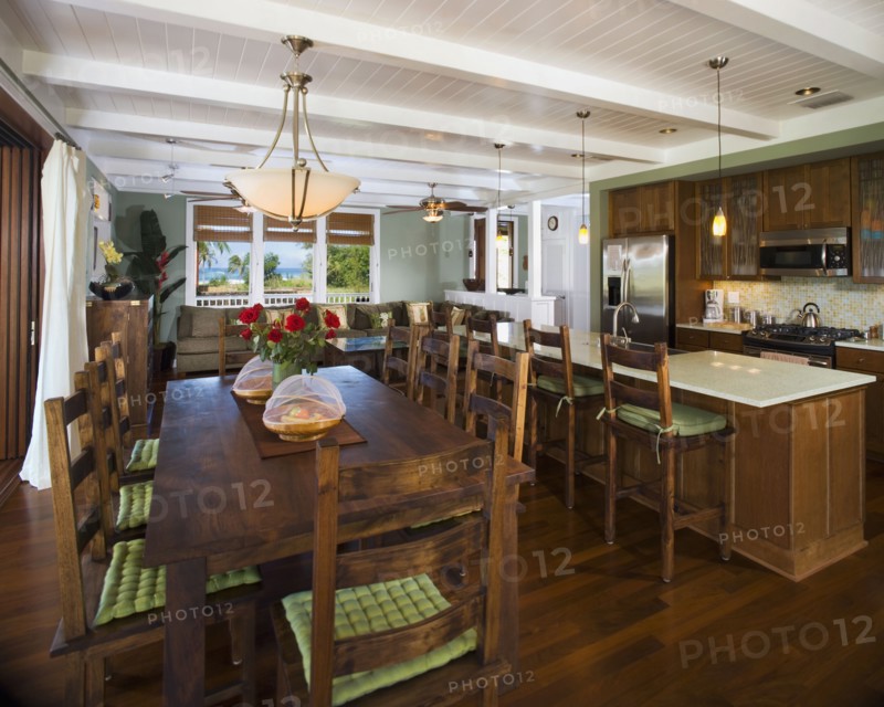 Interior of a dining room and kitchen