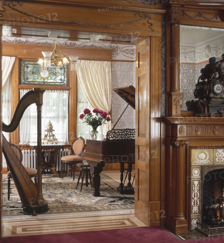 Harp and piano in music room of house