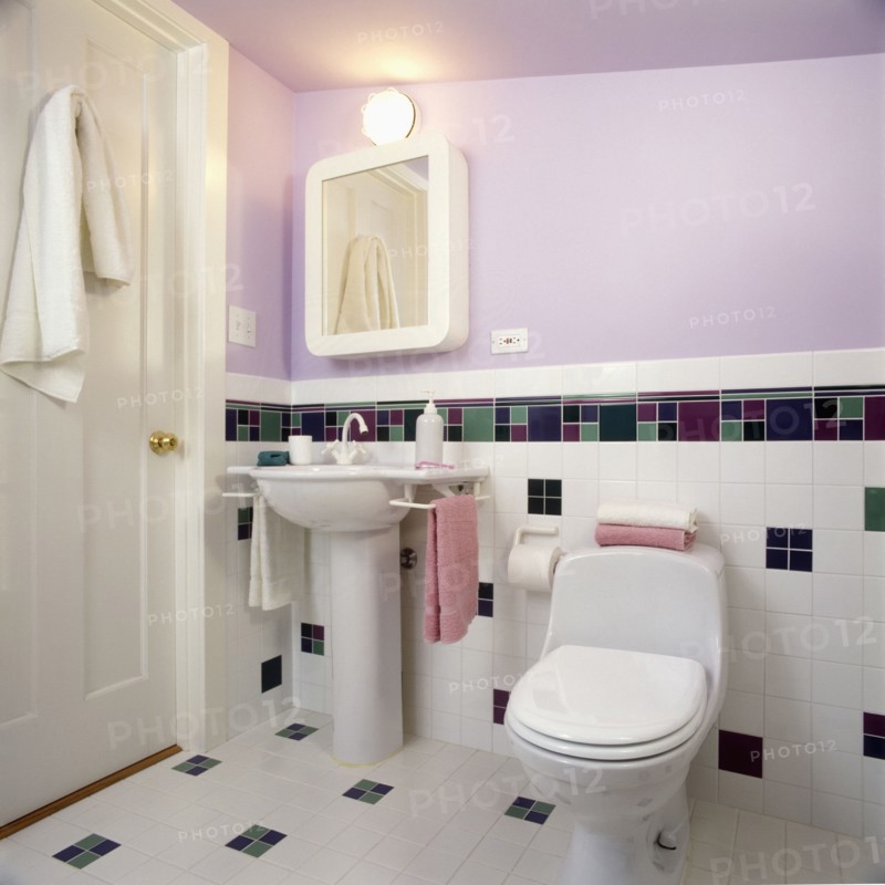 Contemporary bath in lavender and white with pedestal sink