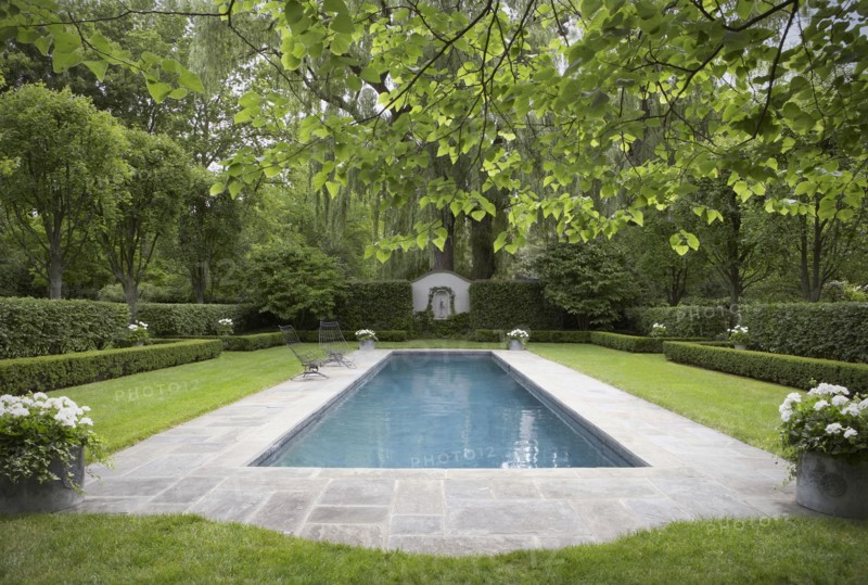 Formal shaped hedge garden with narrow pool