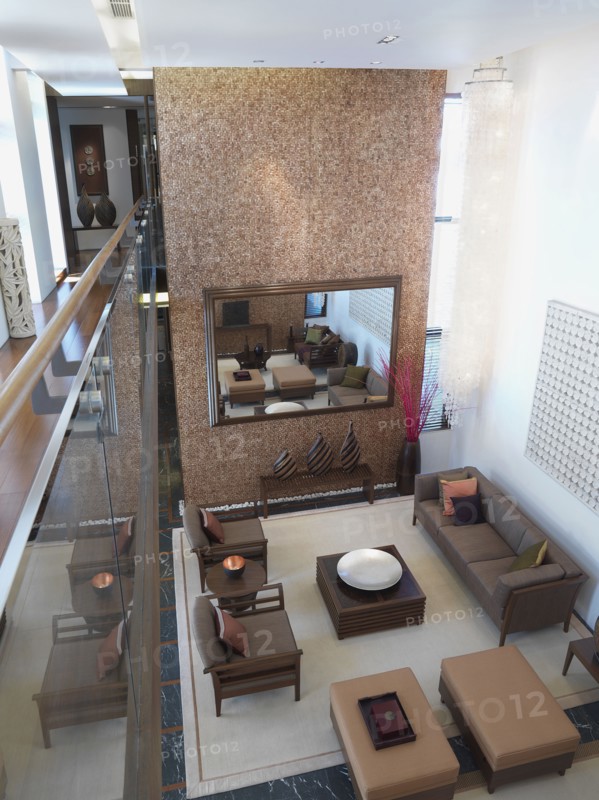 Aerial view of contemporary living room with sitting area