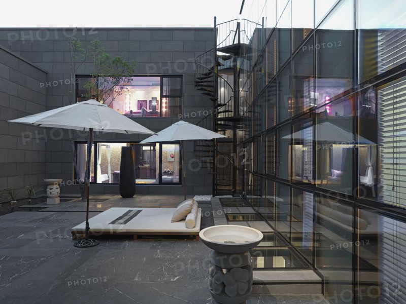 Outdoor lounge area with umbrellas