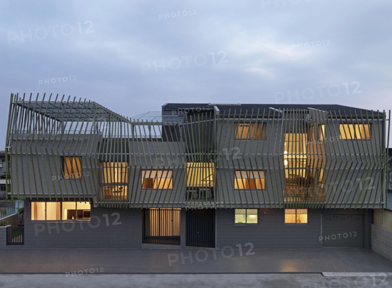 Exterior of modern home covered in bamboo