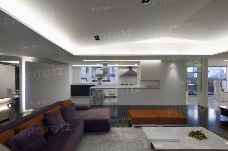 Spacious modern interior with purple and orange sofa