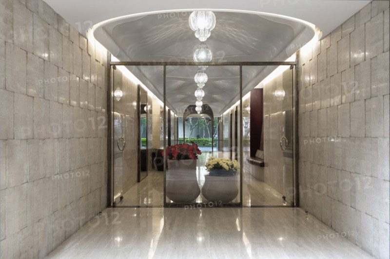 Detail double glass doors with large flower pots