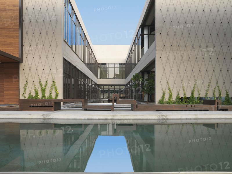 Reflecting pool outside of modern building