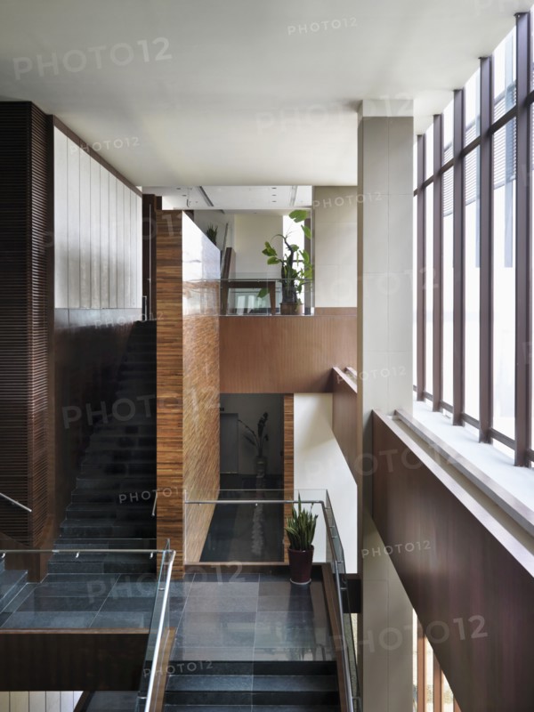 High angle view of landing and staircases in modern interior