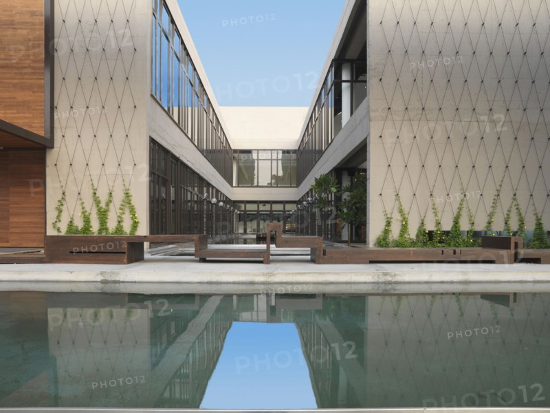 Reflecting pool outside of modern building