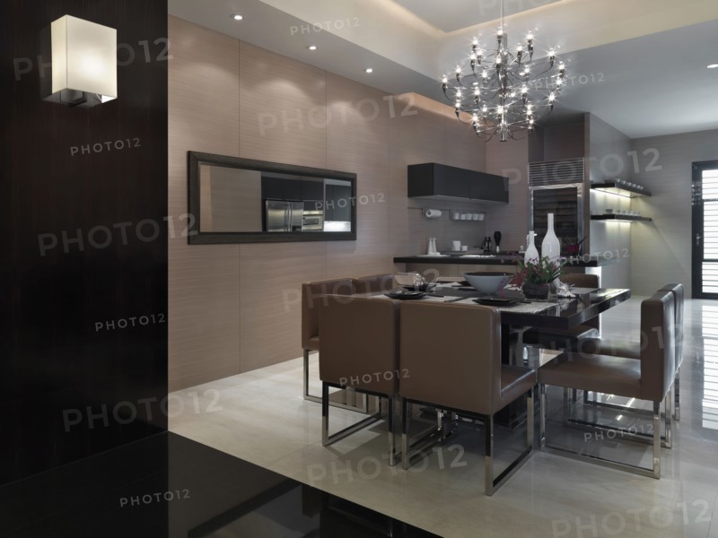 Modern dining room with elegant chandelier