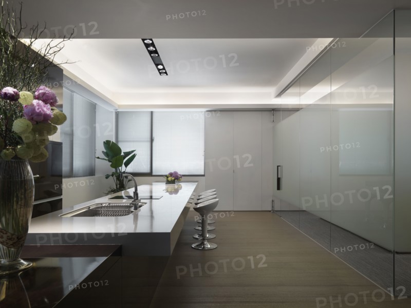 Modern kitchen with long countertop