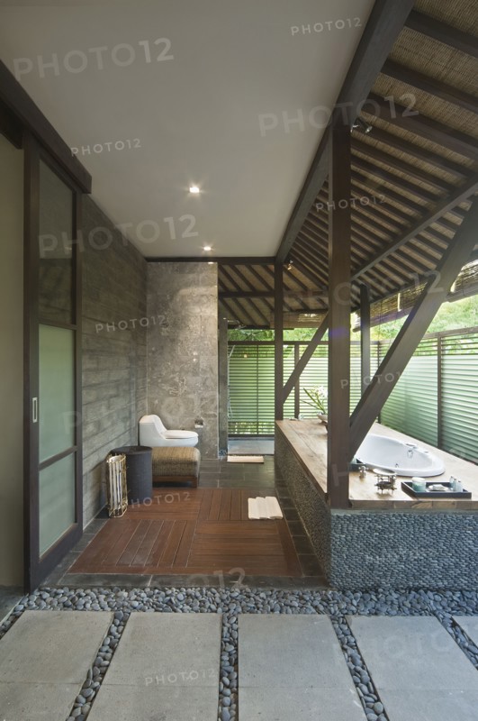 Master bathroom with stone hot tub