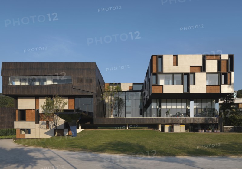 Front elevation modern building with geometric pattern