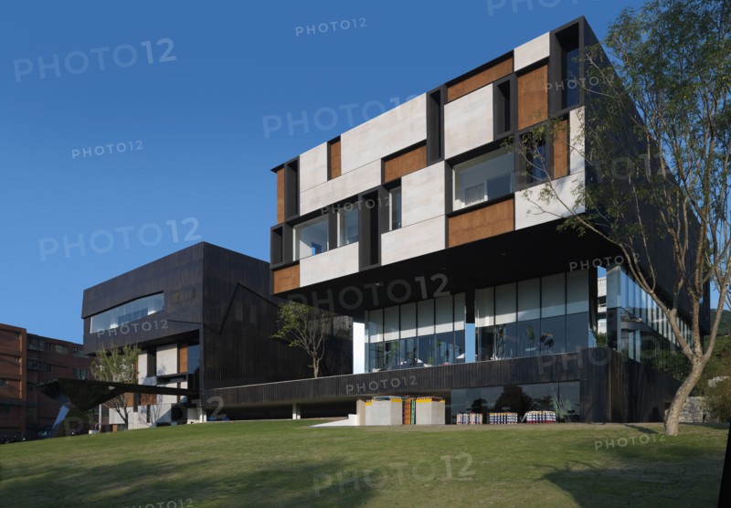 Front exterior modern building with geometric shapes