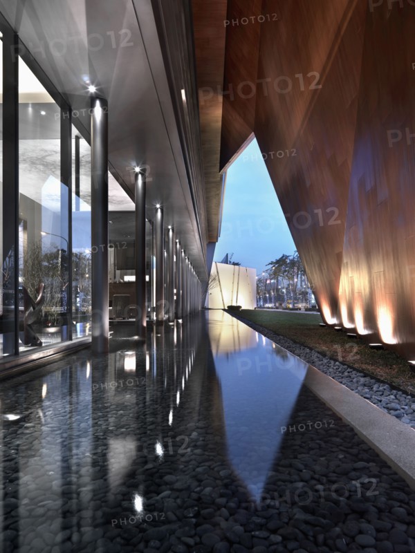 Reflecting pool along modern building