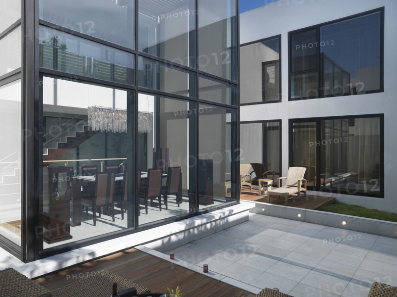 Exterior of modern glass home