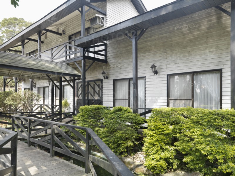 Front exterior multiple story timber construction building