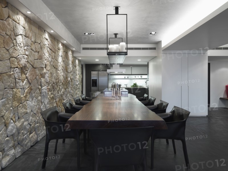 Modern dining room with long wooden table