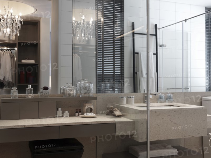 Simple modern bathroom with elegant chandelier