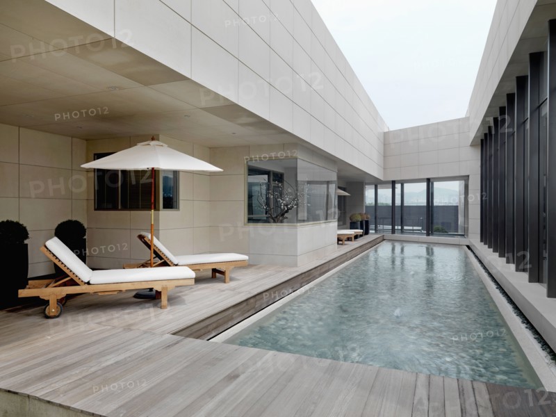 Wading pool and lounge chairs