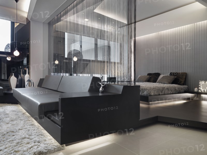 Bench outside modern bedroom