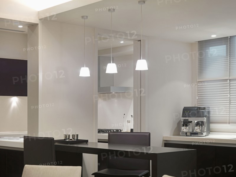 Modern dining table and pendant lights
