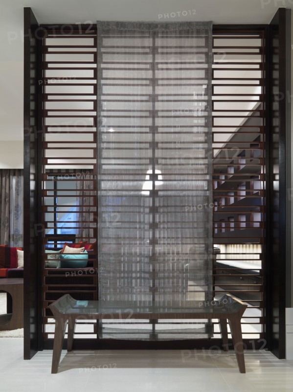 Decorative room dividing wall with bench