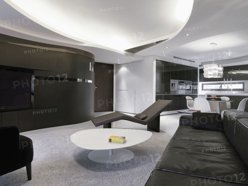 Chaise lounge recliner and black leather sofa in a modern living room