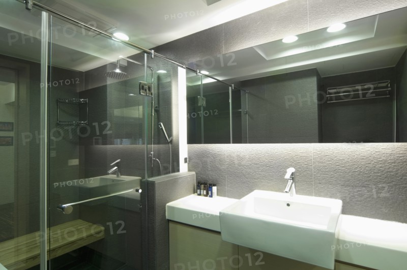 Modern bathroom with glass shower doors