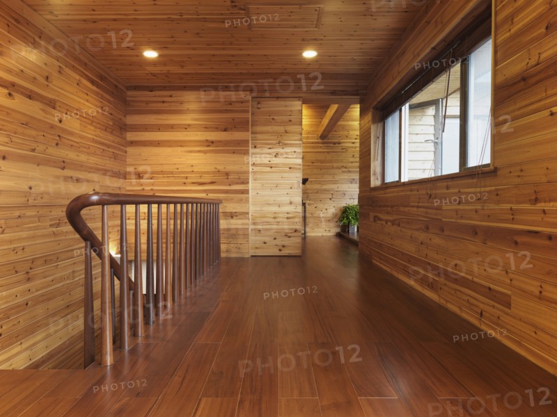 Hardwood hallway in cabin style home
